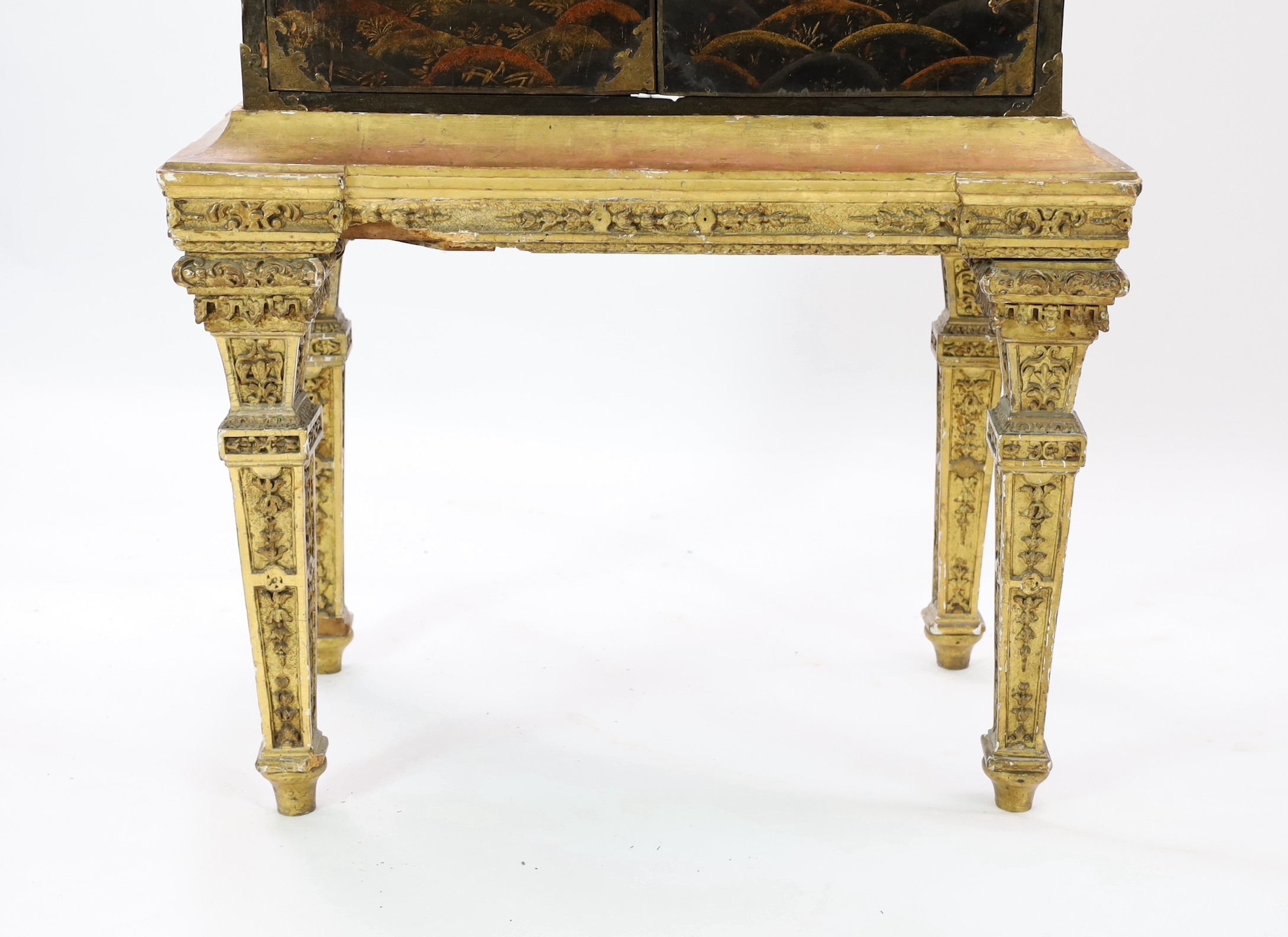 A William & Mary black japanned cabinet on stand, W.96cm D.61cm H. overall 149cm